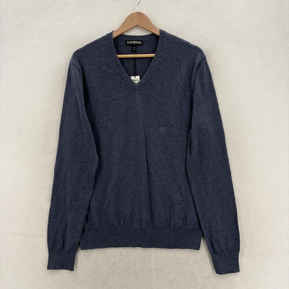 Express Sweater Mens Large Blue Cotton Cashmere V Neck Knit Pullover Casual NWT